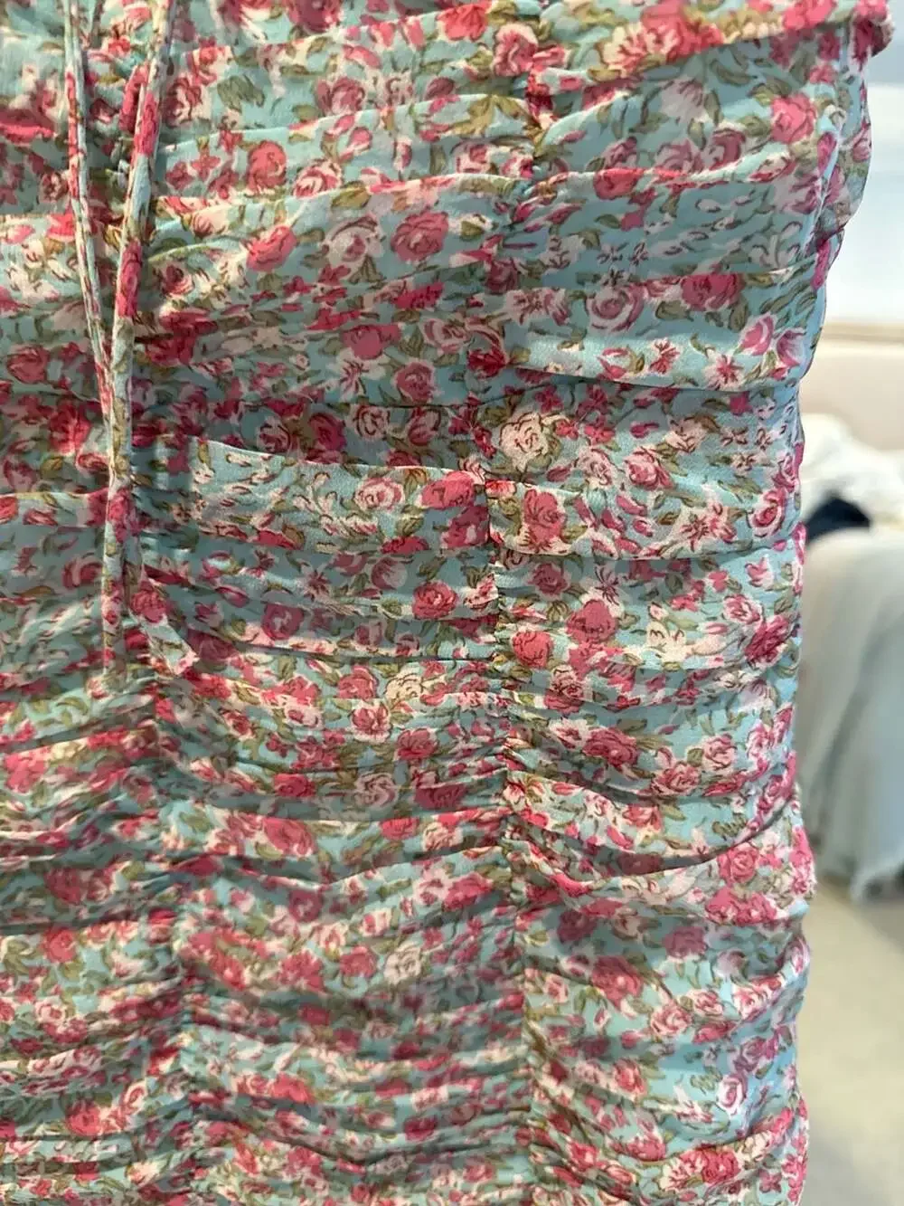 ASTR The Label Teal Pink Floral Ruched Off-Shoulder Mini Dress (44) - Picture 4 of 7